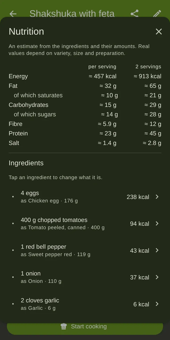 CookPal: Calories and nutrients per serving